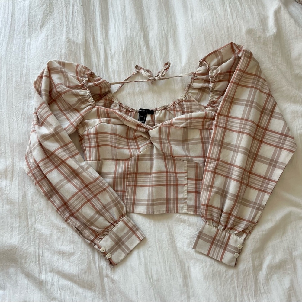 Plaid Puff Sleeve Crop Top